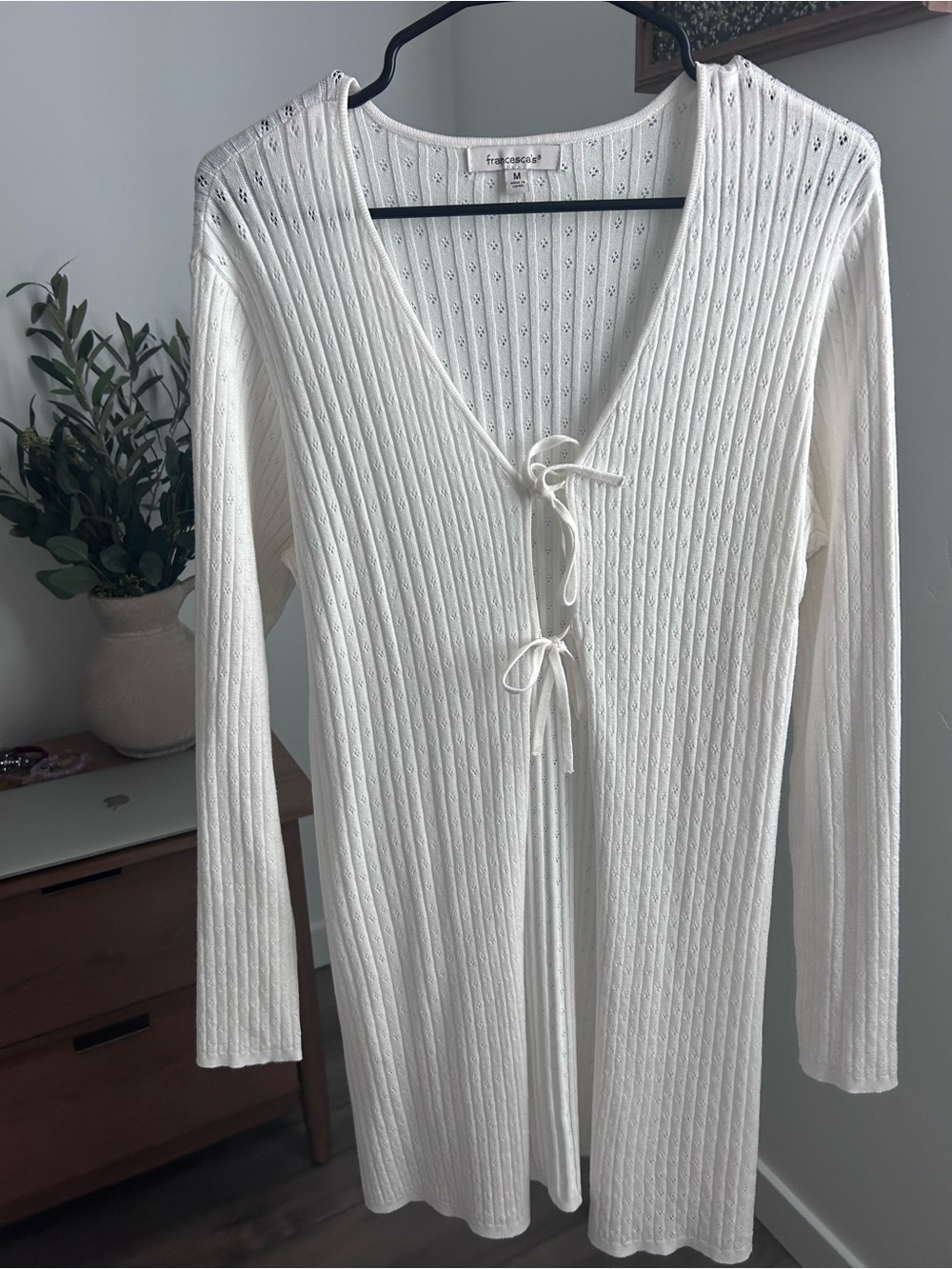 Francesca's Collections Ivory Tie-Front Ribbed Cardigan